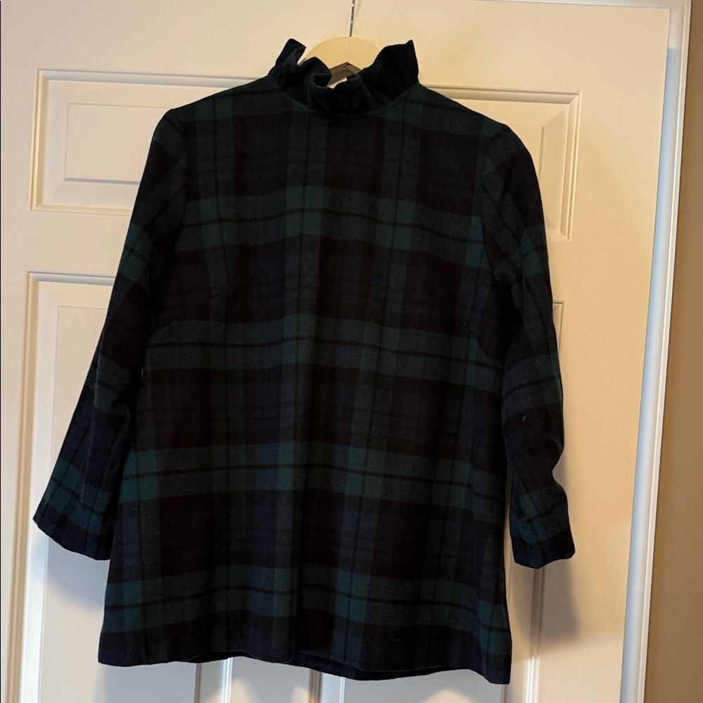 Tuckernuck Faye Ruffle Neck Top Bow Back In Black Watch plaid- Size XXL